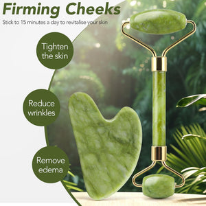 Genuine Jade Roller & Gua Sha Set for Face, Cooling & Firming Effect