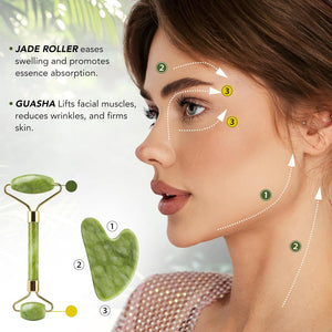Genuine Jade Roller & Gua Sha Set for Face, Cooling & Firming Effect